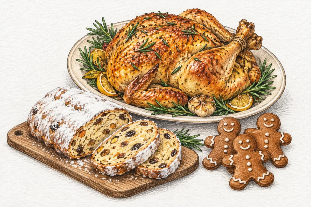Illustration of herb roast chicken, sliced stollen, and gingerbread cookies