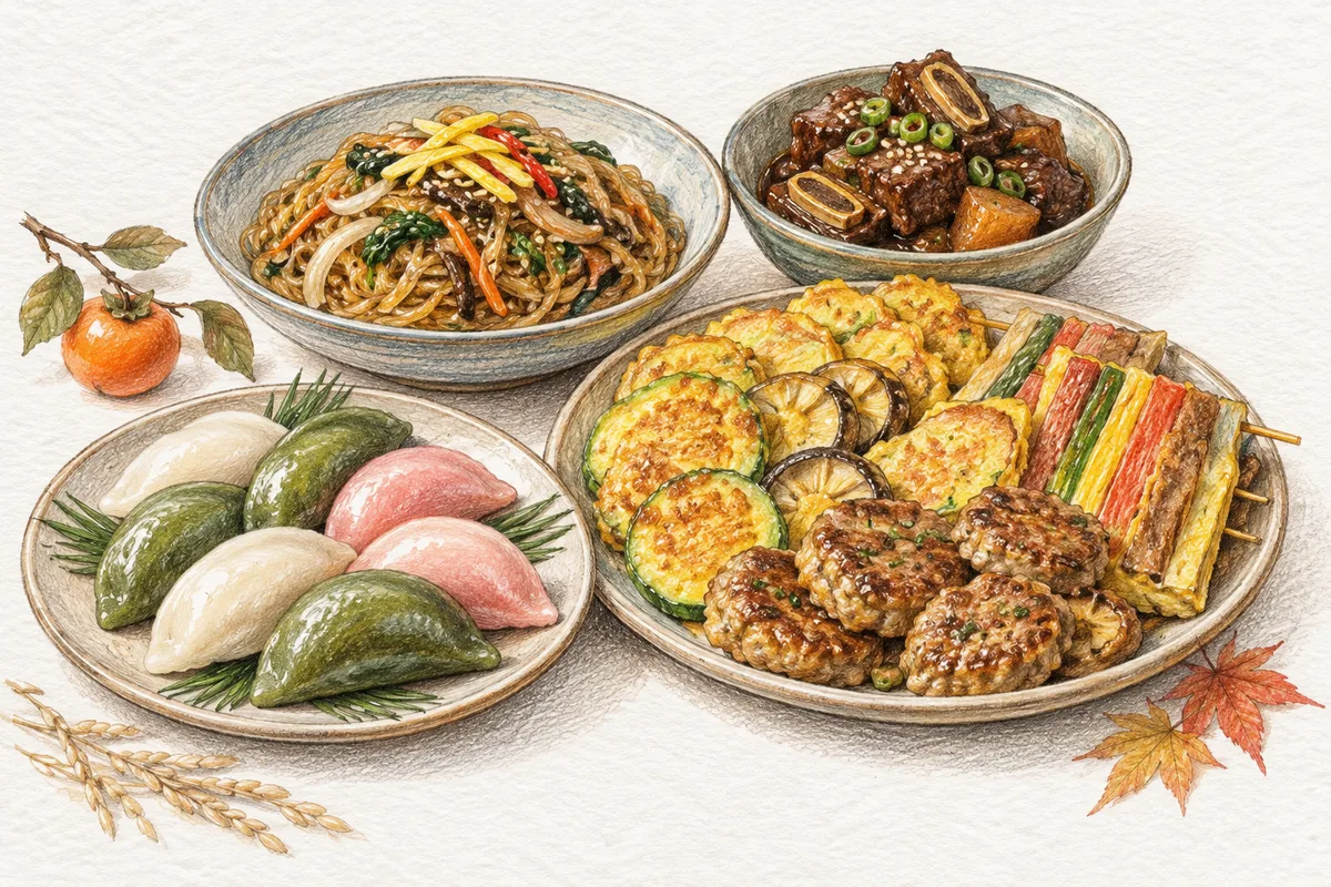Illustration of a Chuseok table with songpyeon, assorted jeon, japchae, and braised short ribs