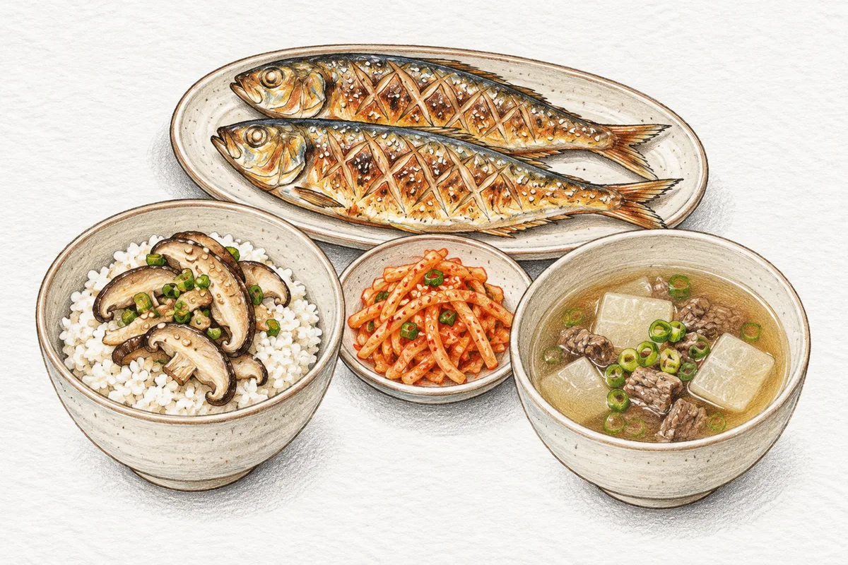 표고버섯밥, 소고기무국, 전어구이, 무생채로 차린 가을 한 상 일러스트