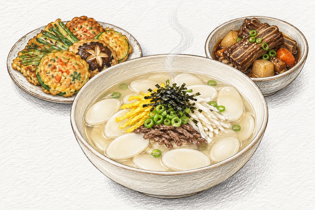 Illustration of Seollal rice cake soup with assorted jeon and braised short ribs