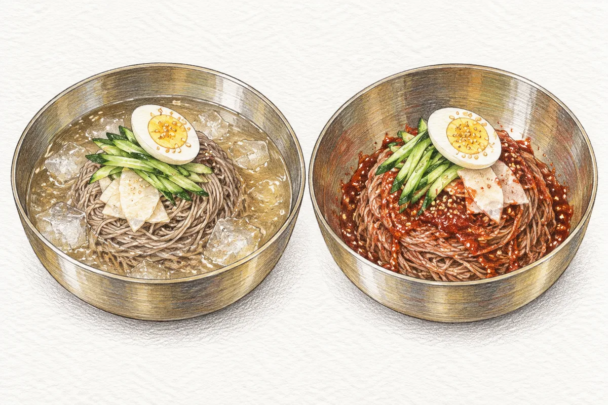 Illustration of mul-naengmyeon in clear chilled broth beside spicy bibim-naengmyeon