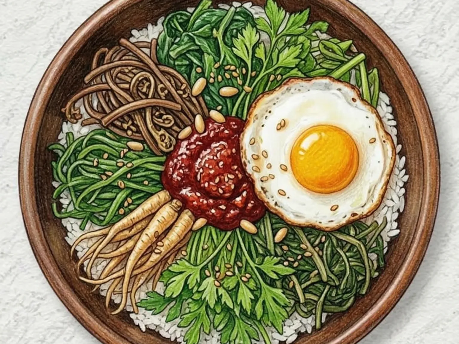 Sanchae bibimbap with seasoned mountain vegetables and a fried egg